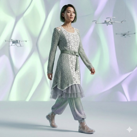 Ryu Sage Green Lace Tulle Hem Tunic Dress Long Sleeve Floral Mixed Media Small - Picture 5 of 12